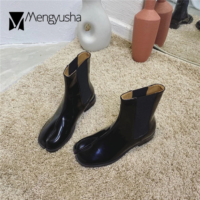 Japanned кожаные ботинки с разрезом женские эластичные на массивном каблуке до