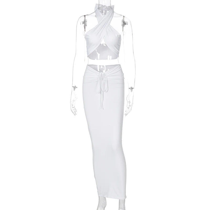 

Hugcitar 2021 Sleeveless Solid Halter Camis Skirt 2 Pieces Set Sexy Dress Summer Women Streetwear Club Elegant Outfits