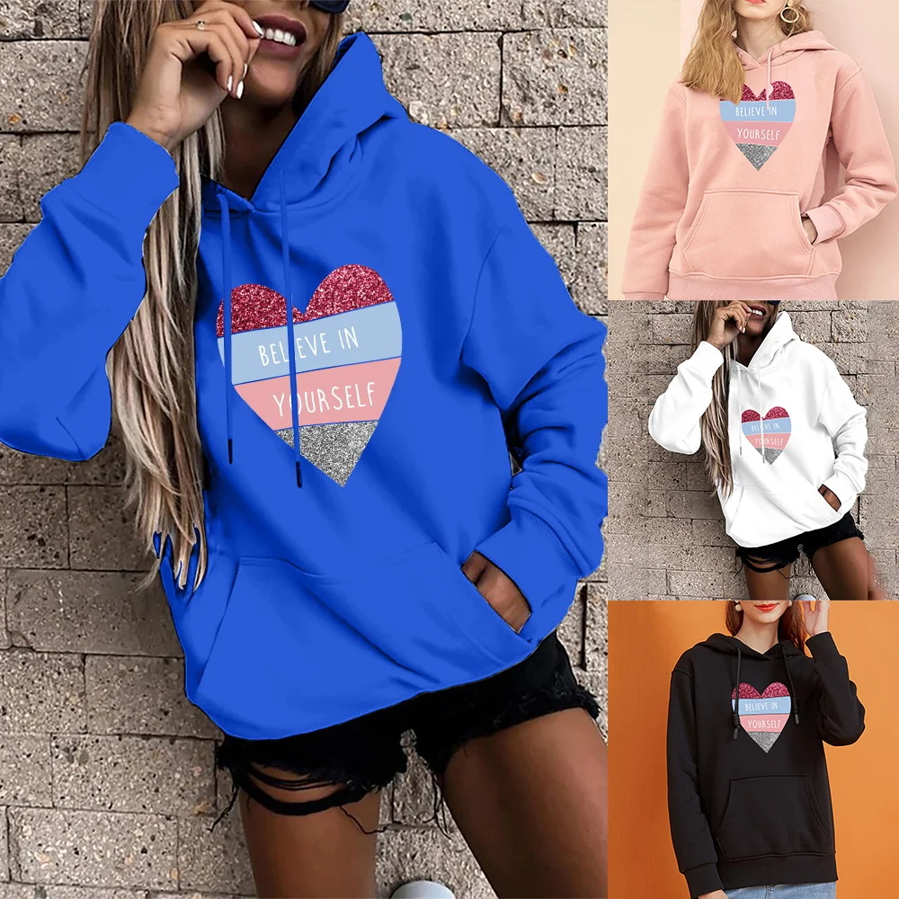 

Women's Harajuku Hoodie Contrast Love Print Long Sleeve Casual Sweatshirt Women's Loose Oversized Pocket Fashion Pullover