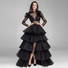 Эксклюзивное Платье Hi подол короче спереди и длиннее сзади) черные платья для выпускного бала эффект высокой шеи одежда с длинным рукавом Вечерние платья, платья для торжества; платье с фатиновой юбкой с оборками нарядное вечерние платья