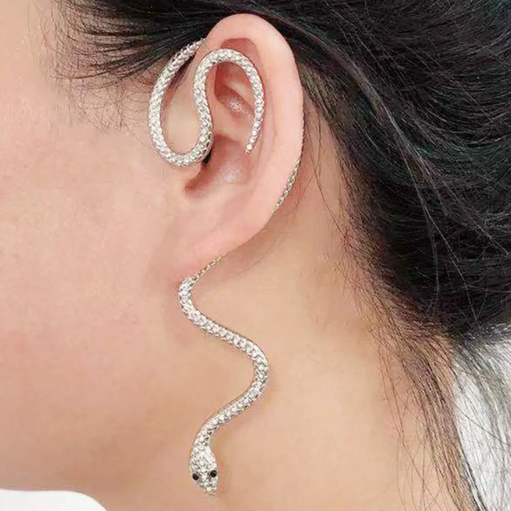 

New Fashion Punk Snake Shape Rhinestone Earring Clips Gold Silver Color Metal Stud Cuff Earrings For Women Girls Hip Hop Jewelry