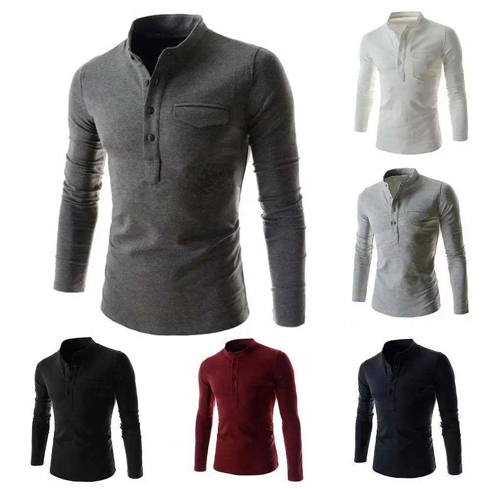 

Casual T-Shirt Men Long Sleeve T-shirts Men Turn Down Collar Solid Color T Shirt Buttons Slim Fits Shirt Male Bottoming Top