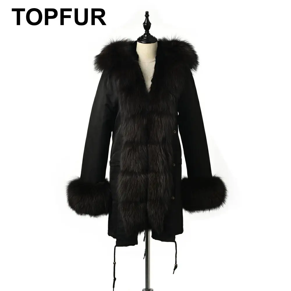 Женская парка с капюшоном TOPFUR черная натуральным мехом лисы верхняя одежда