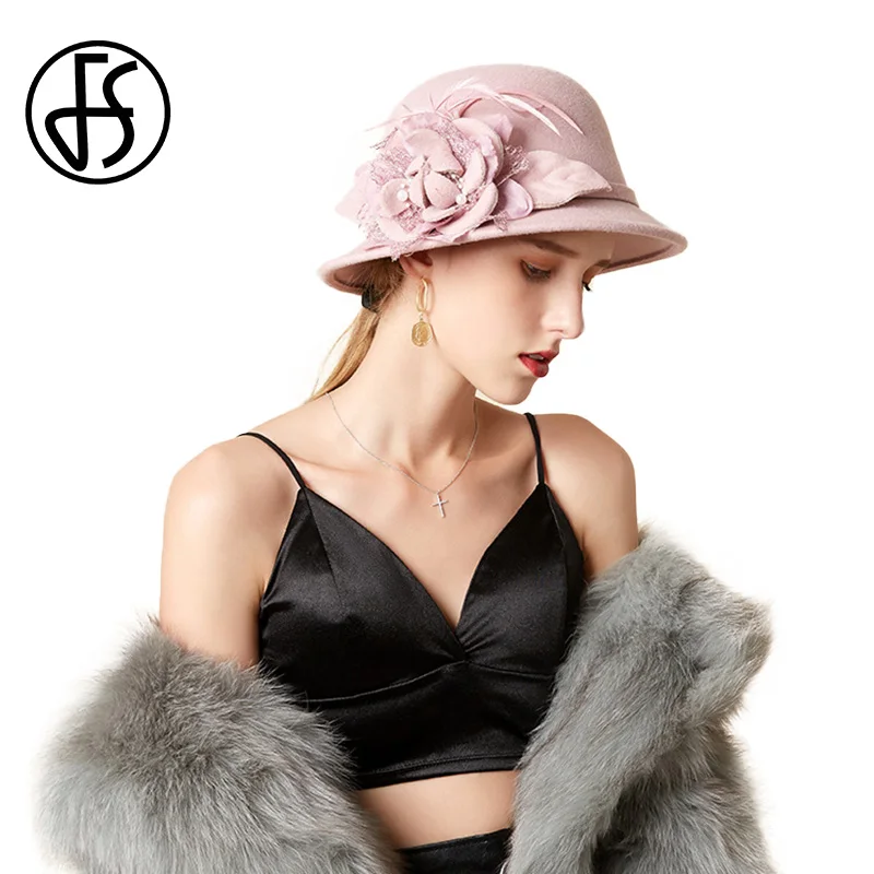 FS Винтаж для женщин Шерсть фетр Клош Федора шляпа элегантные дамы партии церкви