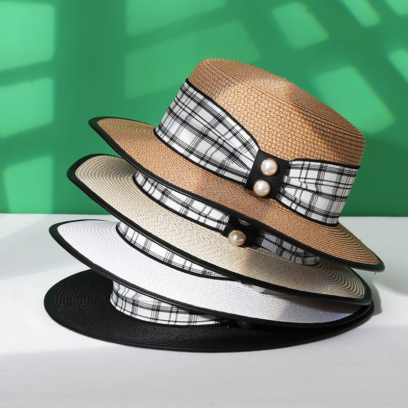 

Summer Straw Hat Flat Top Pearl British Top Hat Leisure Sun Hat Female Vacation Travel Sun Protection Sunhat Panama Beach Hat
