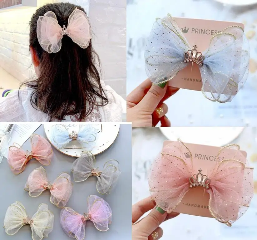 

Korean Children's New Hair Girls Point Mesh Crown Princess Sweet Bow Hairpin princess girls hair accessories