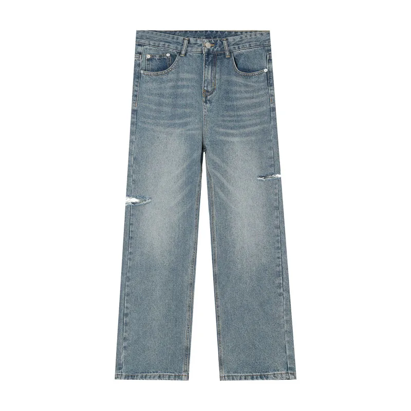 

Side Broken Hole Casual Vintage Fashion Straight Jeans Pants for Male Streetwear Hip Hop Denim Long Trousers Men