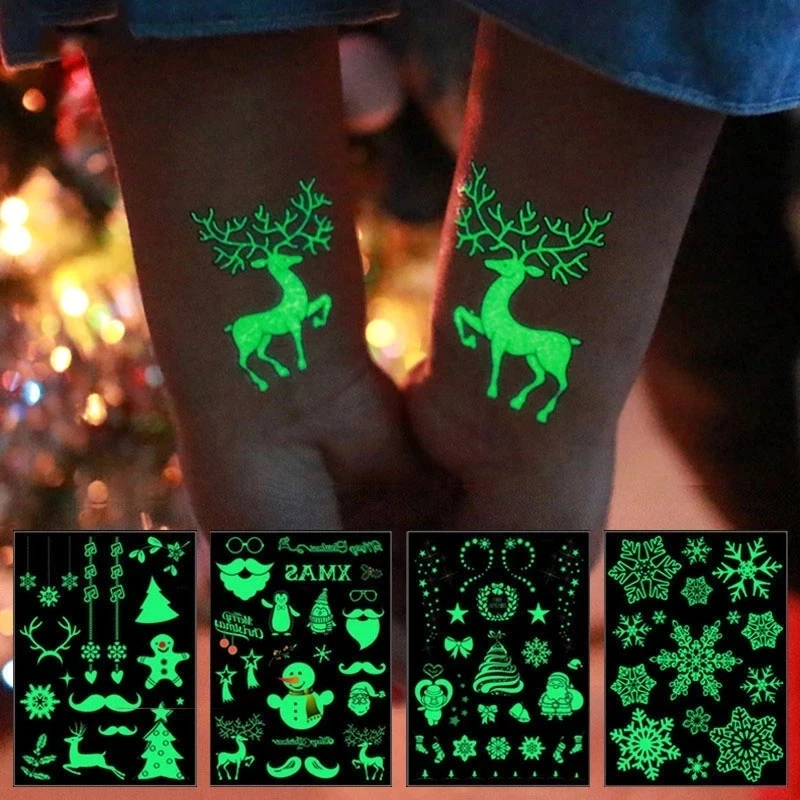 

5 Pcs Christmas Luminous Tattoo Stickers Fluorescent Waterproof Fake Body Art Tattoos Kid Adult Cartoon Temporary Party New Year