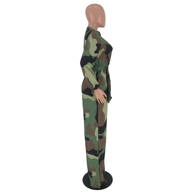 2019 Autumn Camouflage Printed Jumpsuits And Rompers For Women Loose With Sashes Palazzo Pants Bib Overalls Sexy Casual Pockets | Женская
