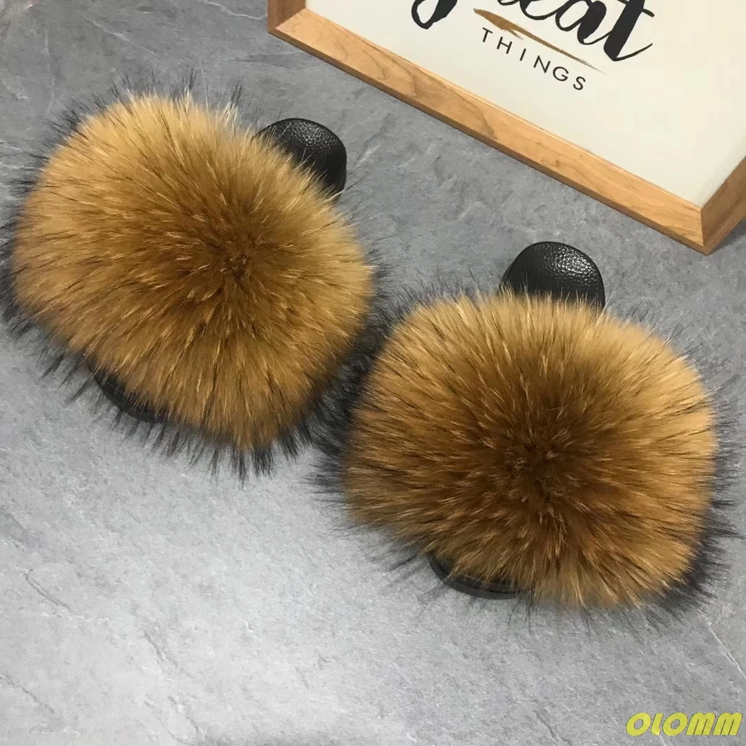 

Home Slippers Women Fox Fur Slides Furry Female Indoor Slippers Furry Summer Shoes Woman Sandals Flat Brand Luxury Plus Size Eva