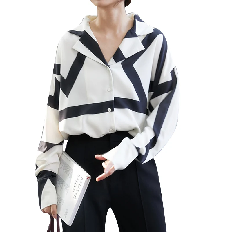 

PERHAPS U Women Office Lady Loose Stripe Print Shirt Sexy Tops Long Sleeve Simple Casual Shirt Button Up Leisure Tops B3027