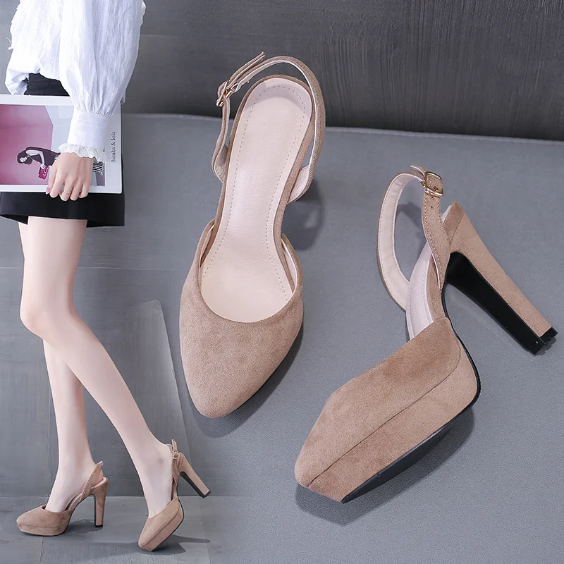 

Сандалии женские замшевые на толстом каблуке, босоножки с ремешком на пятке, высокий каблук, однотонные современные туфли на платформе, лет...