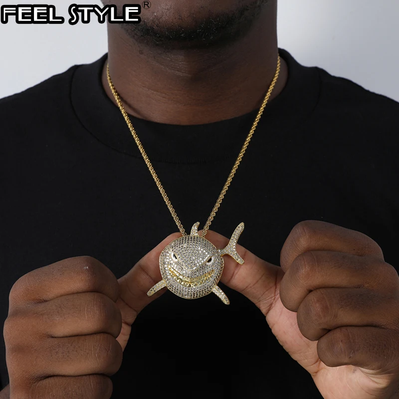

Hip Hop Iced Out Bling Cubic Zirconia Animal Shark Necklaces & Pendants For Men Women Rapper Jewelry With Solid Back