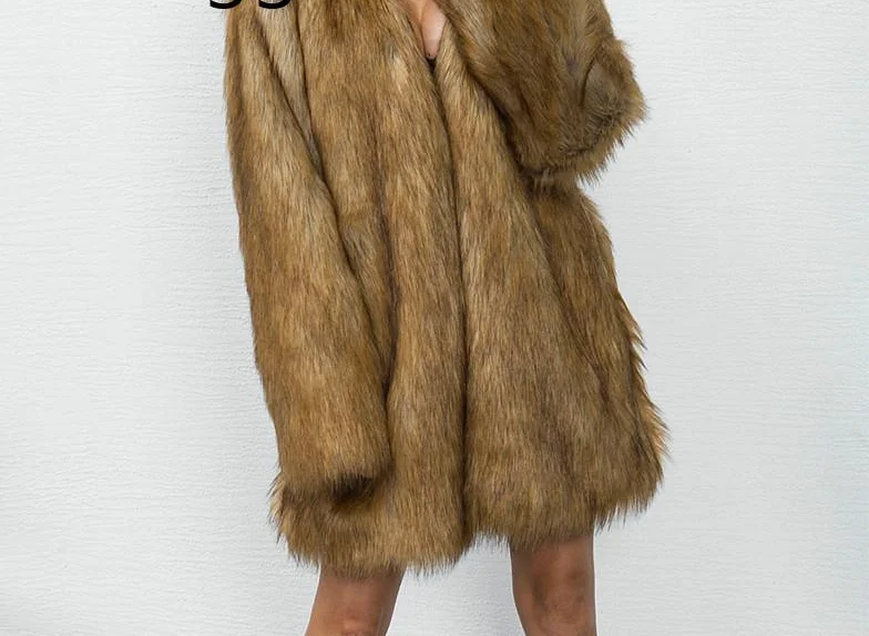 

Elegant Woman Winter High-grade Brown Faux Fur Coat V-neck Warm Long V-neck Fashion Coat Fluffy Coat Street Wear Wide-waisted