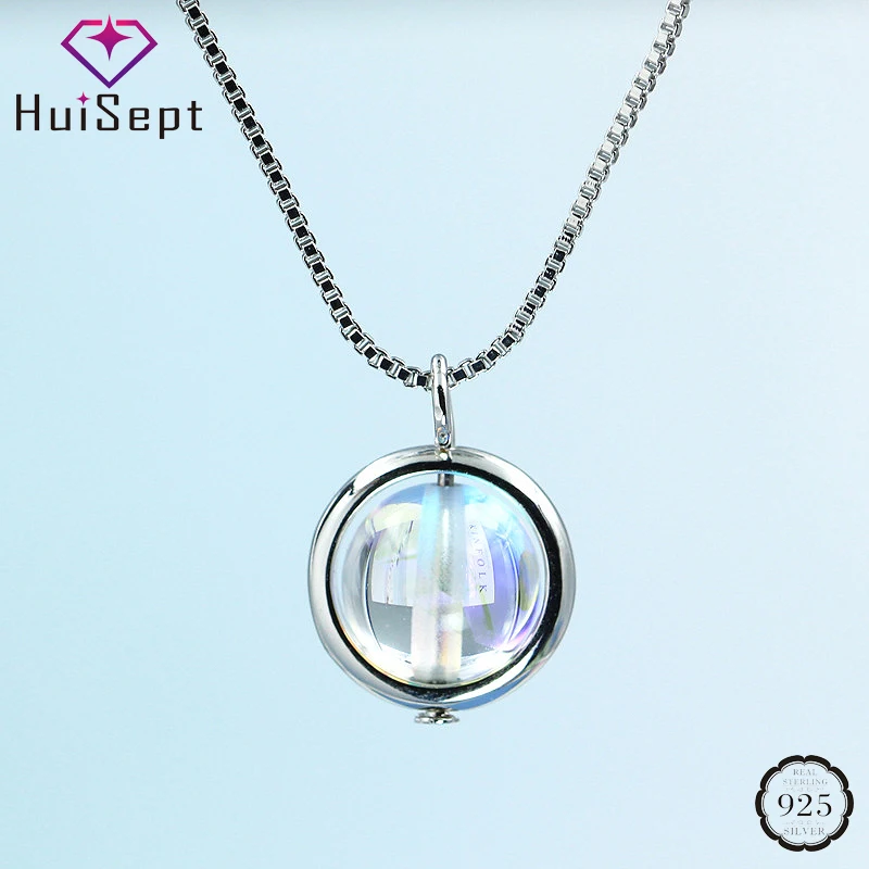 

HuiSept Silver 925 Necklace Round Shape Moonstone Pendant Trendy Jewelry Ornament Gift for Women Wedding Promise Party Wholesale