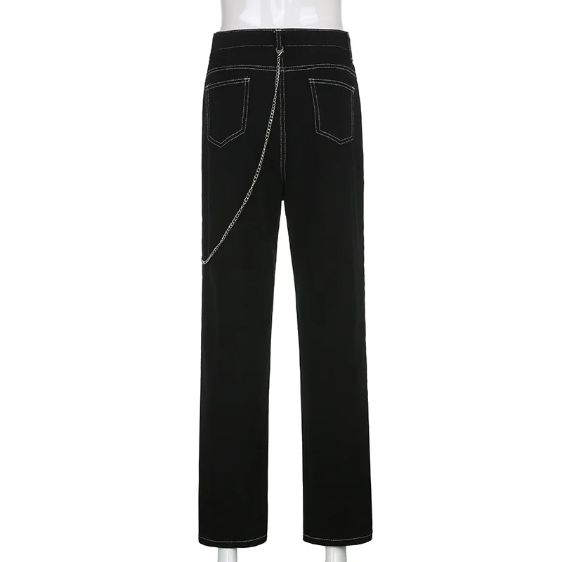 

WEPBEL High Waist Jeans Women's Casual Solid Color Chain Slim Jeans Spring Autumn Pocket Button Denim Straight-Leg Pants