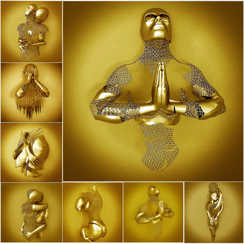 

Wall Art Golden Figure Statue Canvas Painting Abstract Lover Sculpture Poster Print Wall Picture for Living Room Home Decoration