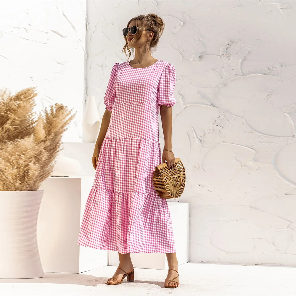 

Elegant Women Plaid Polka Dot Print Patchwork Loose Long Dress 2021 New Summer Casual Puff Sleeve O-neck Robe Maxi Vestidos