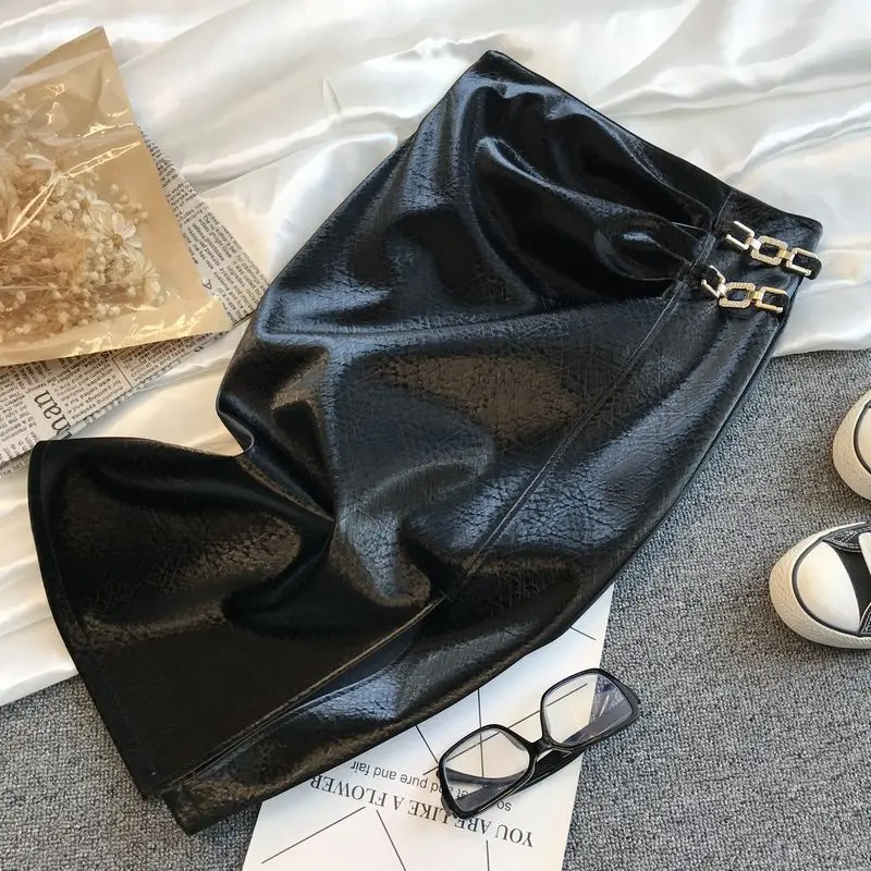 Осенне-зимняя юбка из искусственной кожи с Боковым Разрезом женская модная