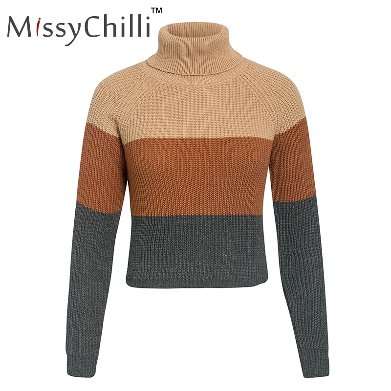 Хаки MissyChilli вязаный пуловер с высоким воротником в полоску с длинным рукавом и высоким воротником, женский свитер на осень и зиму, модный свитер в уличном стиле - Цвет: Хаки