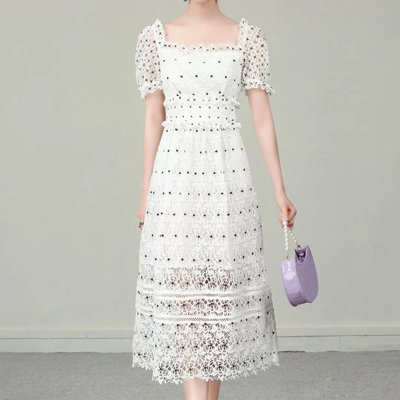 

Polka Dot Women Dress France Court Style Square Neck Ruffle Sleeve Hollow Out Bohemian Dress Summer Casual Lace Dresses