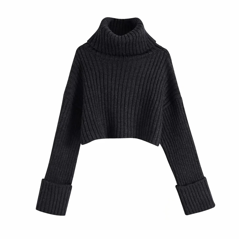 

Fashion Ladies Autumn Knitted Tops Casual Woman Turtleneck Short Sweater Femal Chic Solid Color Loose Pullovers
