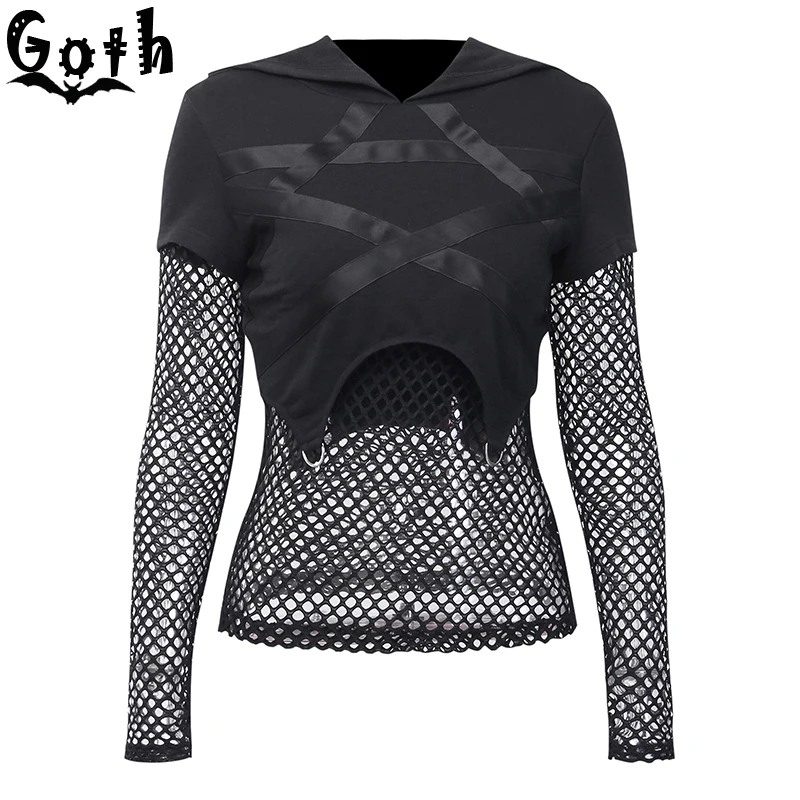 Женские готические футболки Goth черные сетчатые с принтом пентаграммы и длинным