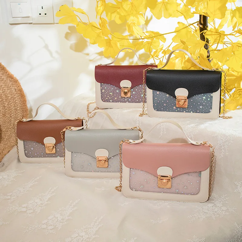 

2020 Women's Bags Fashion PU Leather Transparent Star Female Flap Bag Shoulder Messenger Handbag Casual Lock Small Square Bags