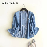 women denim cardigan poncho embroidery vintage drop shoulder kimono blouse button up jeans kimono soft summer spring blouse