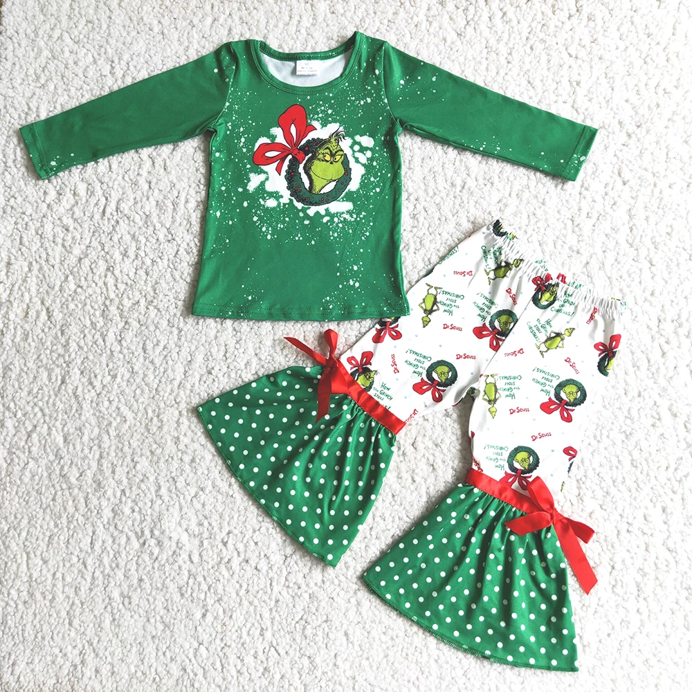 

New Style Children Bow ribbon And White Dot Clothing Set Toddler Girl Green Top Match Cartoon Flare Pants Outfit For Christmas