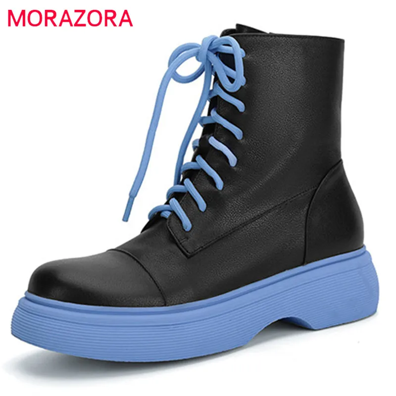 

MORAZORA 2022 Hot Sale Genuine Leather Shoes Women Ankle Boots Flat Shoes Lace Up Round Toe Winter Popular Short Boots Female