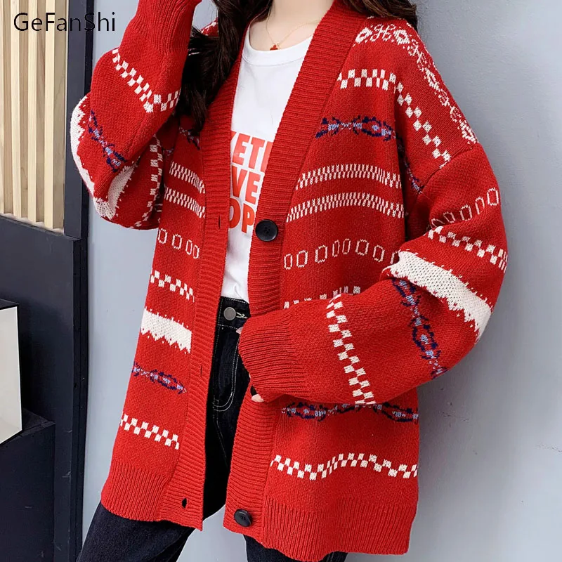 

V-Neck Vintage Longe Sleeve Cardigan Print Buttons Knitted Sweater Women 2022 Autumn Winter Casual Loose Sweaters Coat & Jackets