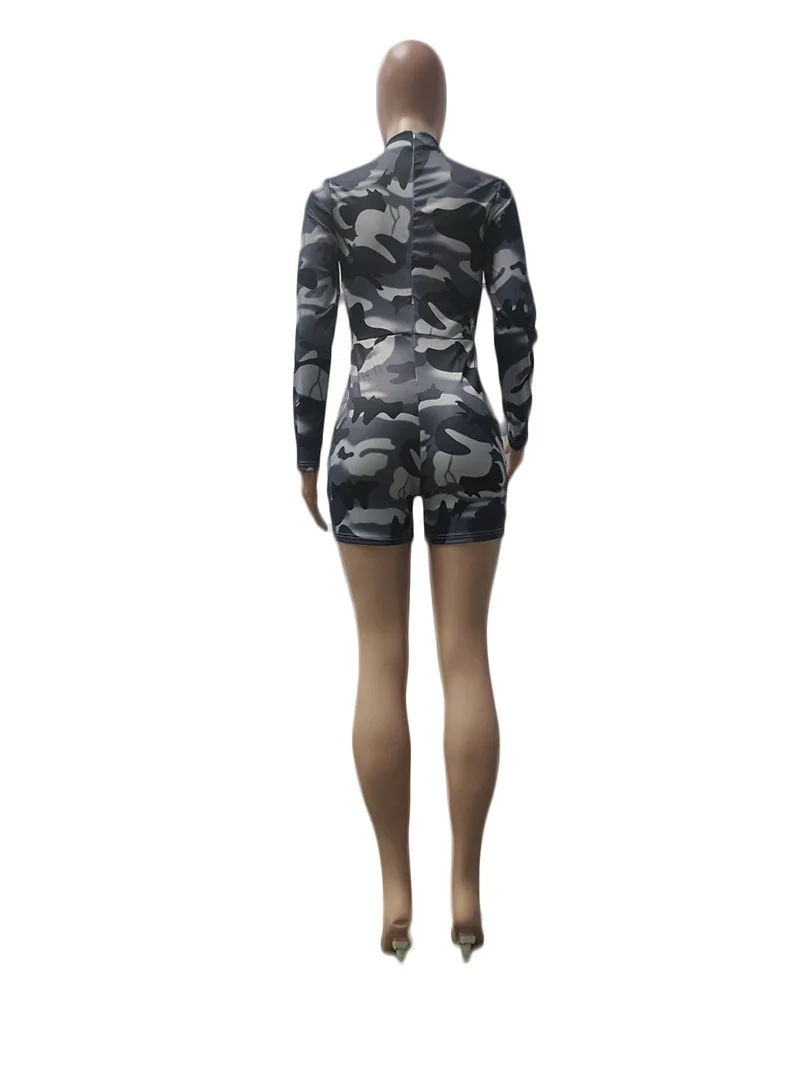 

European and American hot models camouflage print sexy women's tight-fitting sports long-sleeved shorts jumpsuit