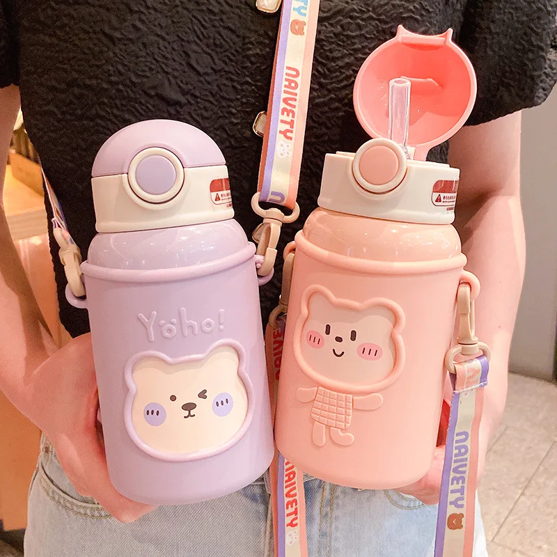 Children's Water Bottle Portable Outdoor Stainless Steel Thermal Bottle with Strap Cute Bear Pattern Drink Bottle for School