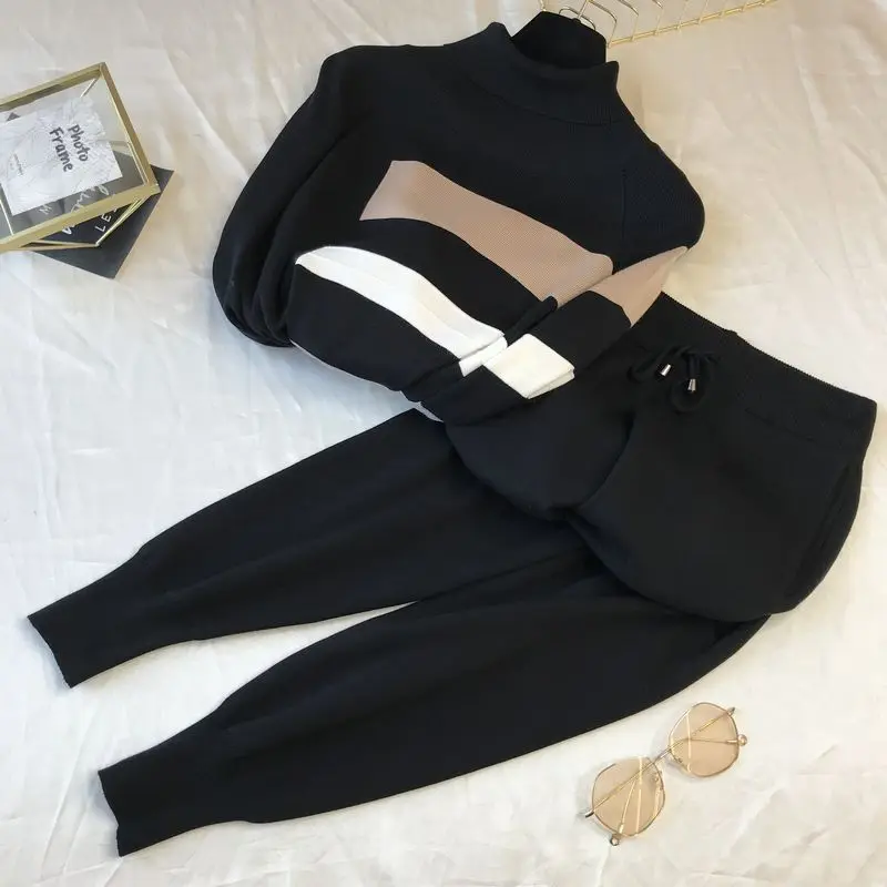 

ALPHALMODA 2020 Women Striped Knitted Tracksuits Warm Turtleneck Sweater+ Trousers 2 Pieces Sets Outfits Comfortable Lounge Wear