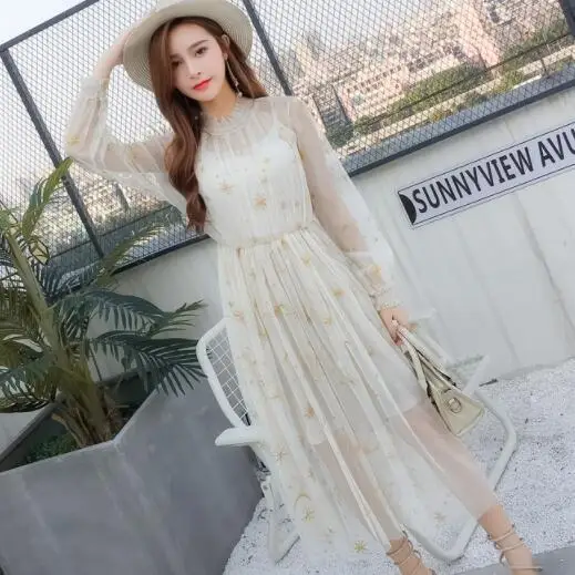 Женское весенне осеннее сексуальное кружевное платье с вышивкой звездное небо