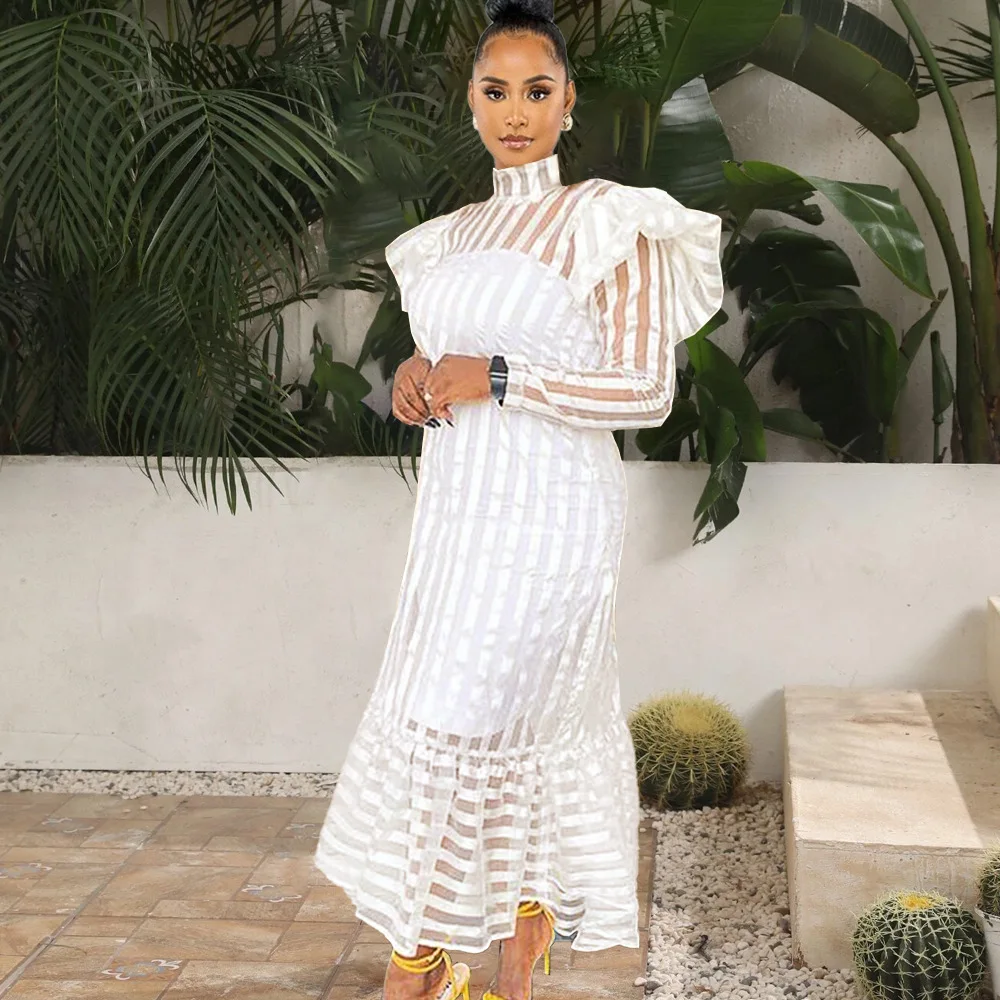

Sexy See Through Women Party Dress Long Sleeve Striped Robe Female Casual Vestidos Women Ruffles Formal Evening Dress