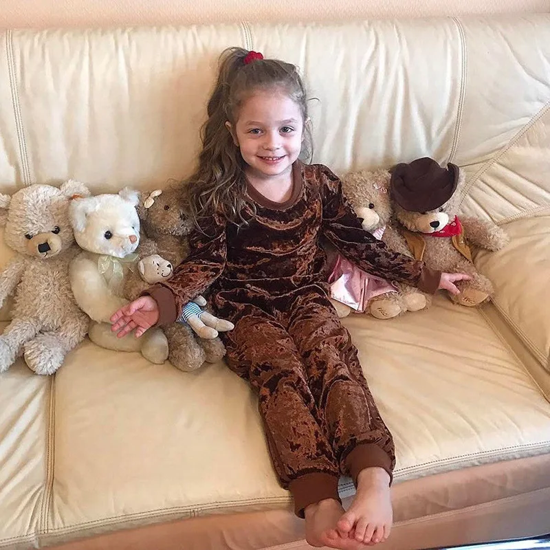 Детская одежда новинка осень зима 2019 золотистый бархатный костюм из двух