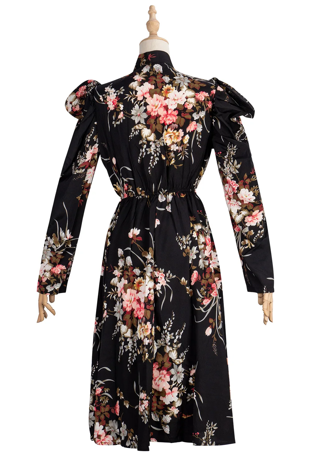

European Style Women Dress Black Bohemian Floral Print Retro Puff Sleeve Knee-Length Boho Fashion Lady Clothes Robe Vestidos
