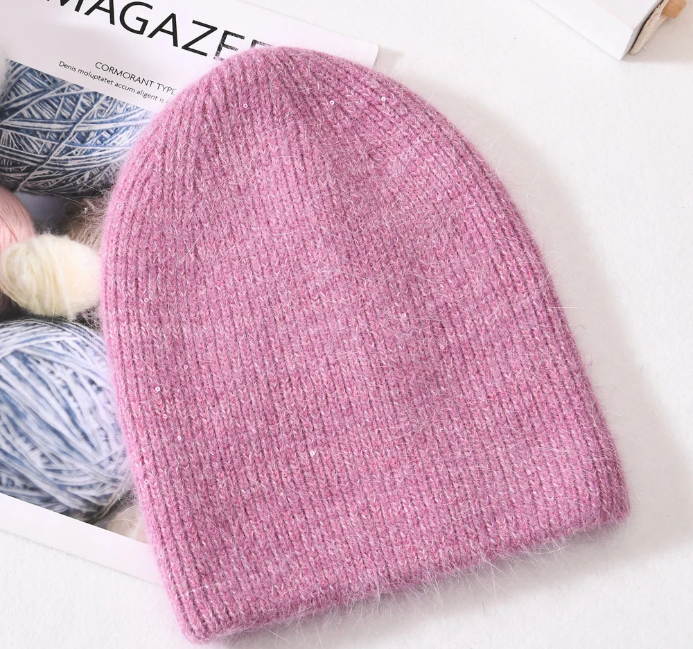 2023 New Sequined Rabbit Fur Beanies Hat For Women Fashion Winter Hat Solid Color Beanies Female Warm Soft Skullies Bonnet Gift images - 6