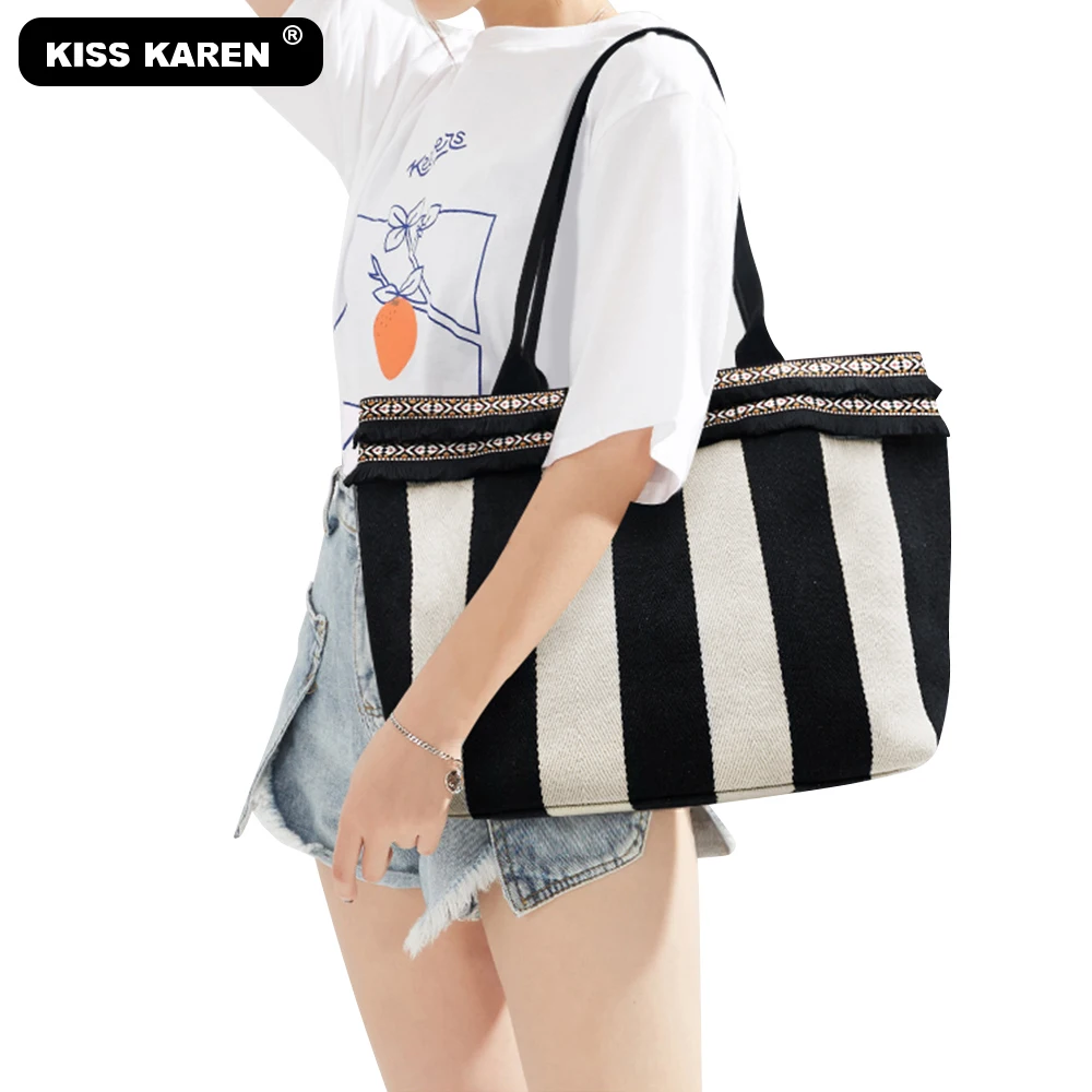 

Fashion Canvas Striped Women Tote Bags with Ethnic Tassels Big Size Women Purse Lady Handbag Women's Shoulder Bags Casual Totes