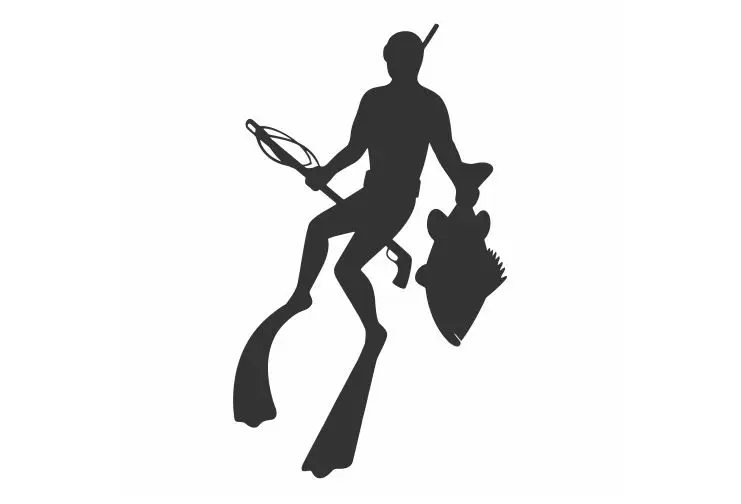 Ныряльщика держит рыбу в одной руке и пистолет море виниловые автомобильные