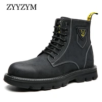 zyyzym autumn winter men leather boots lace up high top style fashion plush warm black motorcycle boots