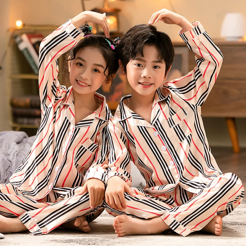 

Pajamas Toddler Boy Stripe 3 5 7 9 11Years Children Satin Pajama Sets Kids Baby Sleepwear Girls Pyjamas Teen Silk Cute Pjs Suit