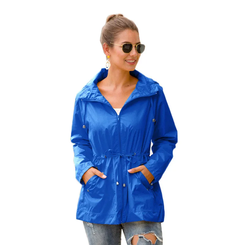 

Women Trench Coat Solid Color Outdoor Hooded Autumn Windbreaker Long Sleeve Waterproof Rain Coat Outwear Feminina 10 Colors Y312
