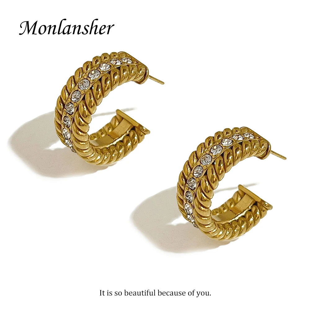 

Monlansher Gold Color Stainless Steel Twist Wide C Hoop Earrings Classy French Luxury Rhinestone Earrings Jewelry for Women Gift