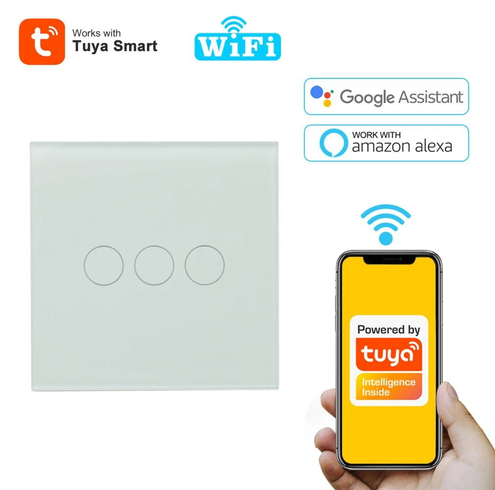 

Tuya Smart Wireless Luxury WiFi Wall Light Switch Remote Control Switches With White Crystal Glass Touch Panel Alexa Google Home