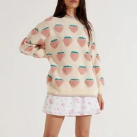 2021 sweater women autumn and winter new casual strawberry embroidery round neck long sleeve pullover sweater spot pink sweater
