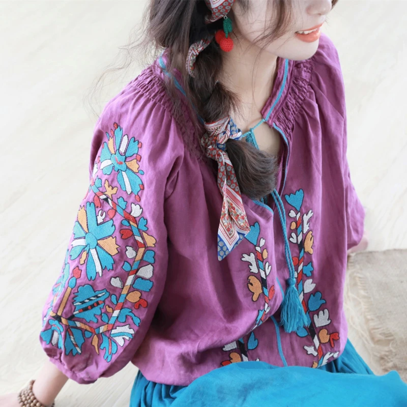 Рубашка женская оверсайз из хлопка и льна Свободная Повседневная Туника в