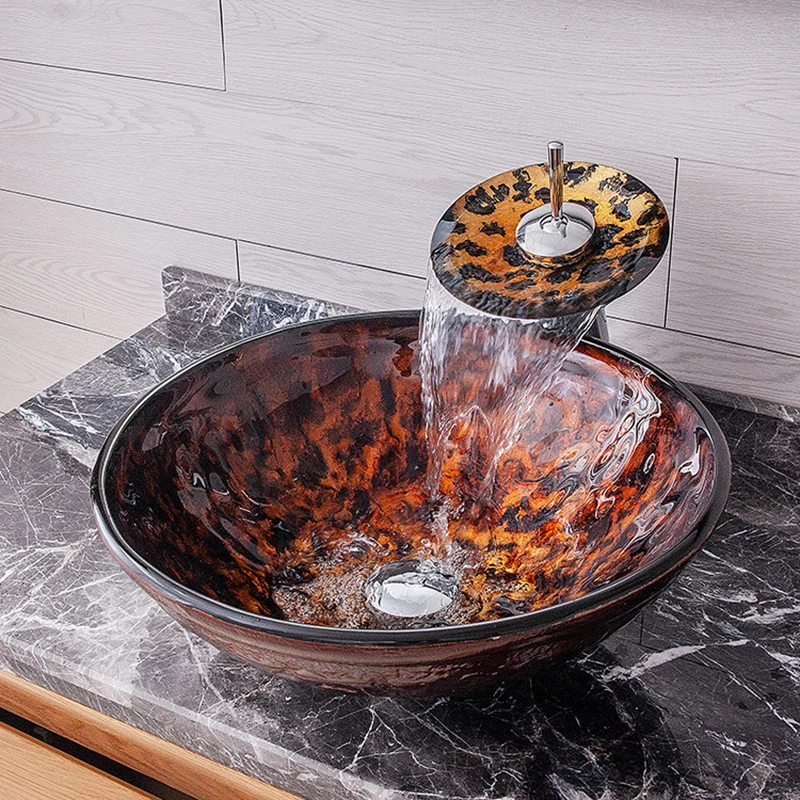

Tempered Glass Hand Painted Flame Art Washbasin Waterfall Spout Basin Bathroom Sink Washbasin with Overflew Pop Drain